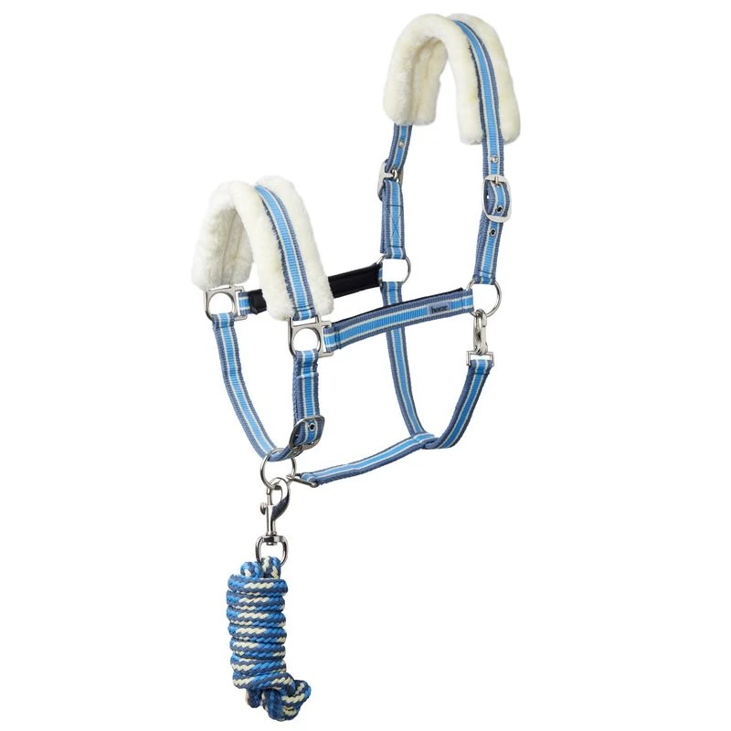 Horze Striped Halter W/Fleece Fur & Matching Lead - Ocean View Blue 1 Horze Striped Halter W/Fleece Fur & Matching Lead - Ocean View Blue