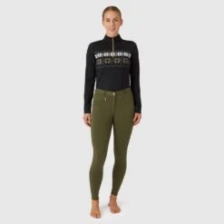 Horze Women's Active Knee Patch Breeches - Beetle Khaki Green -Ovation Sale Shop 601125 800 800