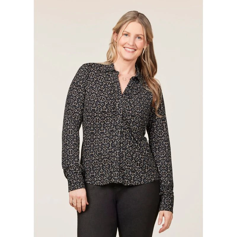 EQL Women's Ruched Button Front Long Sleeve Shirt - Black Mixed Bits 2 EQL Women's Ruched Button Front Long Sleeve Shirt - Black Mixed Bits - Image 2